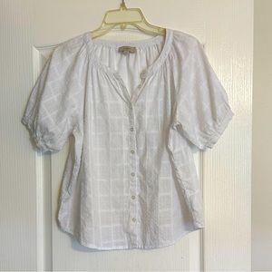 Women’s White Top From Loft Outlet, Button Front, 100% Cotton, Puffy Sleeves, S